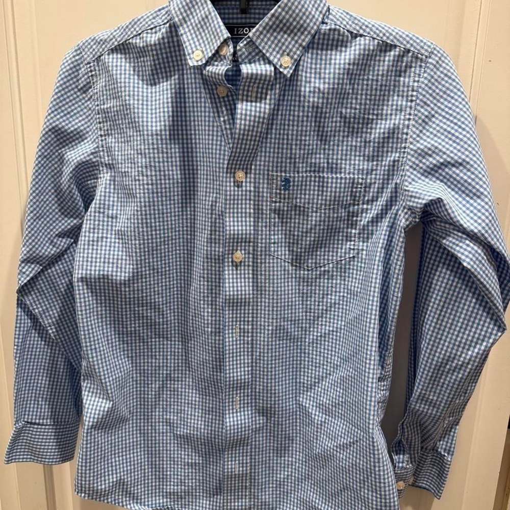Izod Mens Blue White Gingham Checkered Stretch Button Down Shirt Size 14 L/S